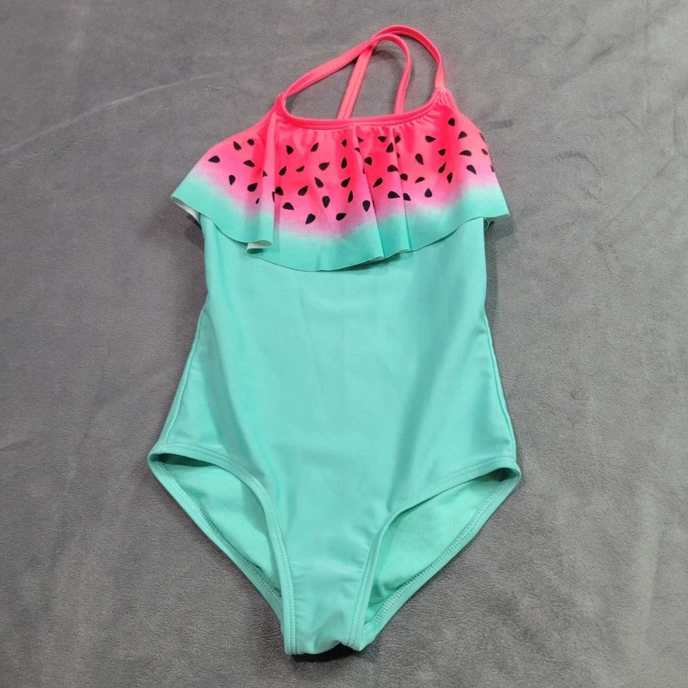 Cat & Jack Girls Watermelon Ruffle One Piece Swimsuit‎ Mint Pink Size S 6/6X